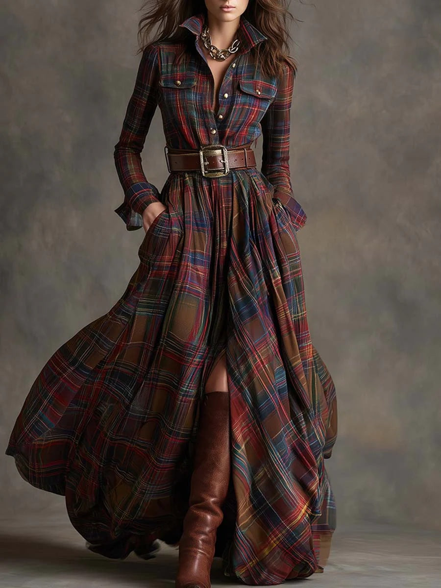 Damen nan karierte Maxikleid Hemdblusenkleid mit ausgestelltem Rock und breitem Taillengürtel Echo Archiv