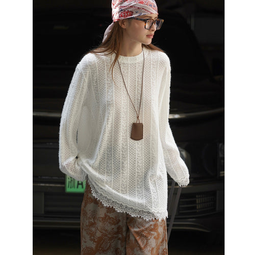 Damen Transparenter Ajourstrick-Pullover mit Spitzenkante Echoarchiv