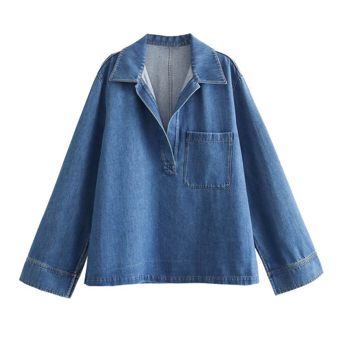 Damen nan oversized Jeanspullover mit offenem V‑Ausschnitt, großer Brusttasche und kastigem Schnitt Echo Archiv