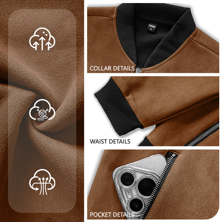 Herren Wildlederoptik Bomberjacke mit Rippenbündchen und Reißverschluss-Taschen – Brevano