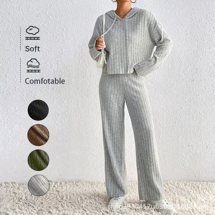 Damen Geripptes Kuschel-Lounge-Set aus Chenille mit Kapuzenpullover und weitem Hosenbein Echo Archiv