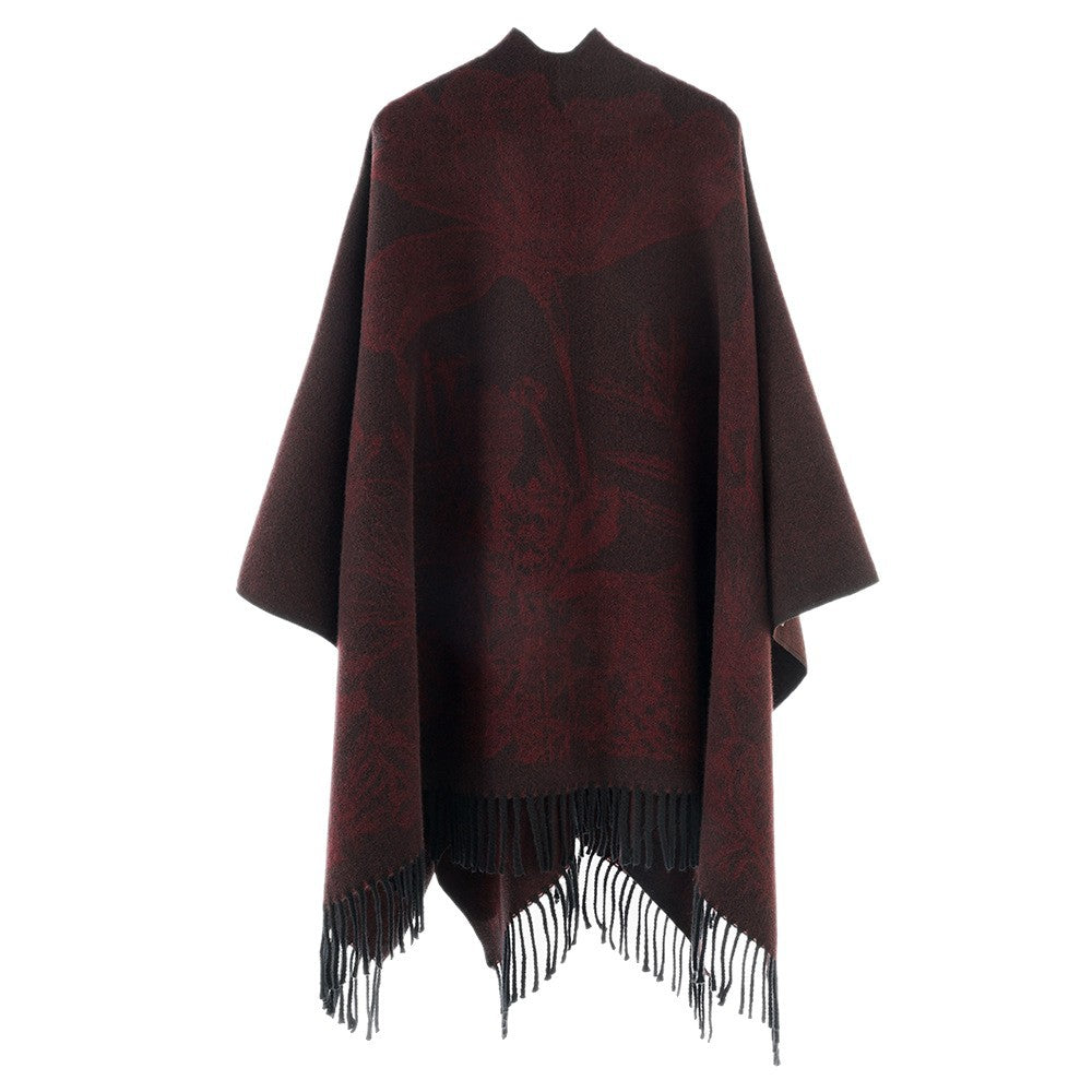 Damen V‑Ausschnitt Cape‑Poncho mit floralem Jacquard und Fransensaum Echo Archiv