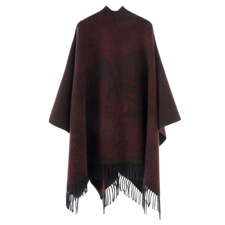 Damen V‑Ausschnitt Cape‑Poncho mit floralem Jacquard und Fransensaum Echo Archiv