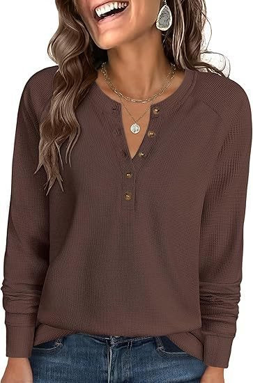Damen Waffelstrick-Henley-Longsleeve mit Knopfleiste, Raglanärmeln und gerippten Bündchen Echo Archiv
