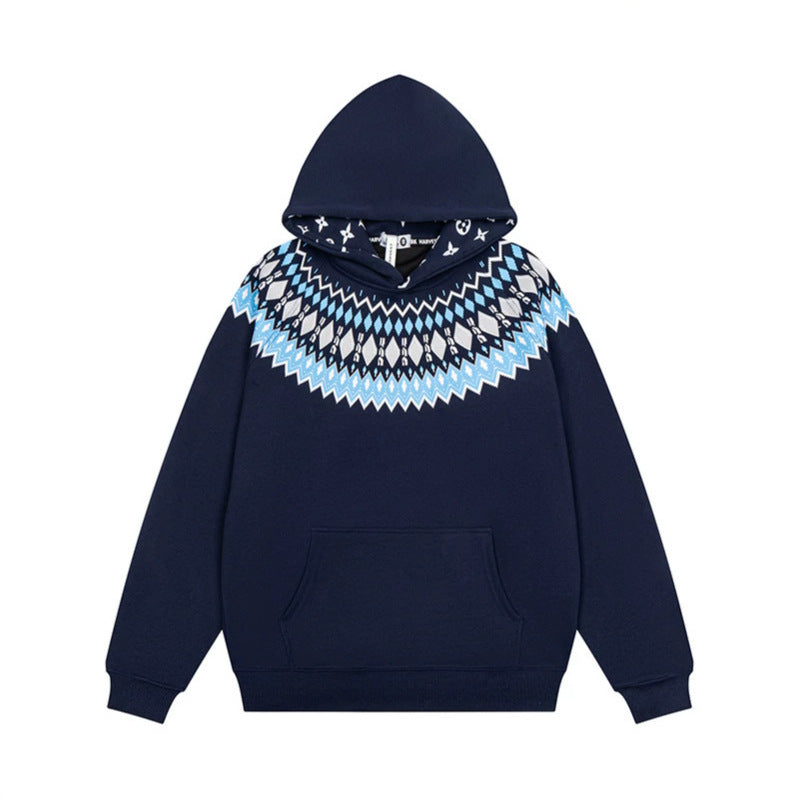 Unisex Oversize Kapuzenpullover mit nordischem Rundpasse-Jacquard, Kängurutasche und Rippbündchen Echoarchiv
