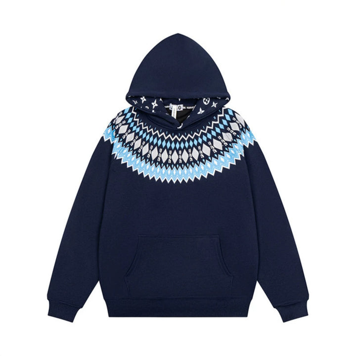 Unisex Oversize Kapuzenpullover mit nordischem Rundpasse-Jacquard, Kängurutasche und Rippbündchen Echoarchiv
