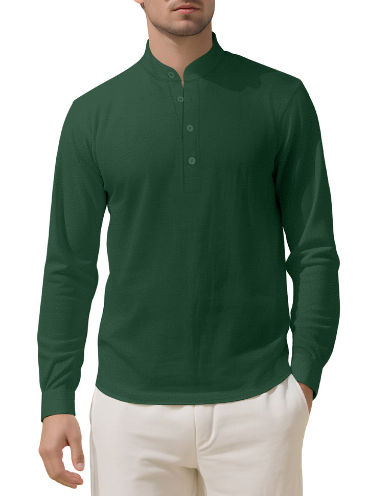 Herren nan Nehru-Kragen-Henley aus Baumwollstretch mit verdeckter Knopfleiste und schmaler Passform Echo Archiv
