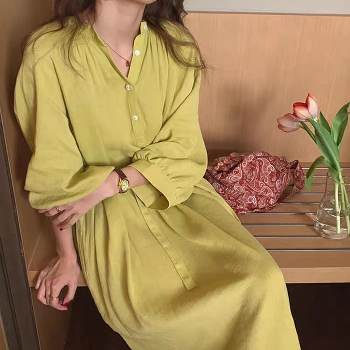 Damen Weites Leinenmix-Maxikleid mit Stehkragen, Kordel-Taille und Ballonärmeln – Valéora