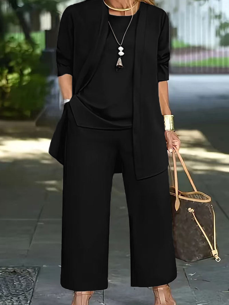 Damen Elegantes Zweiteiler-Set mit offenem Longcardigan, ärmellosem Top und weiter Palazzo-Hose – Élanora