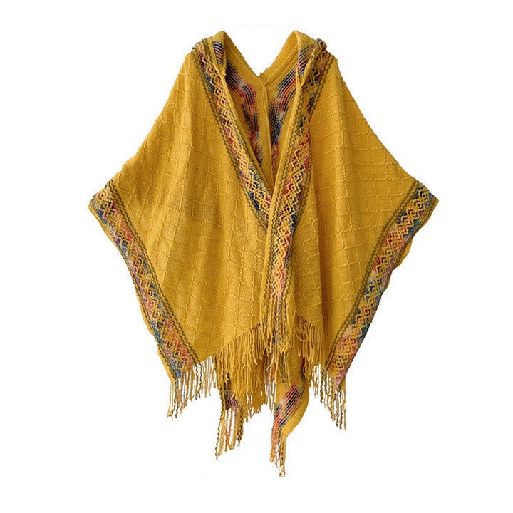 Damen Gewebter Kapuzenponcho mit Fransen und Ethno‑Bordüre – Avérine