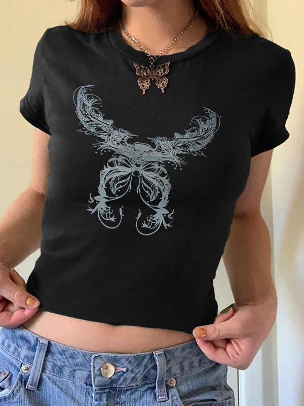 Damen T-Shirt mit verspieltem Katzenmotiv und zarten Flügeln Echo Archiv
