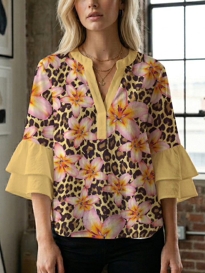 Damen lässige Bluse mit Volantärmeln und botanischem Druck Echo Archiv