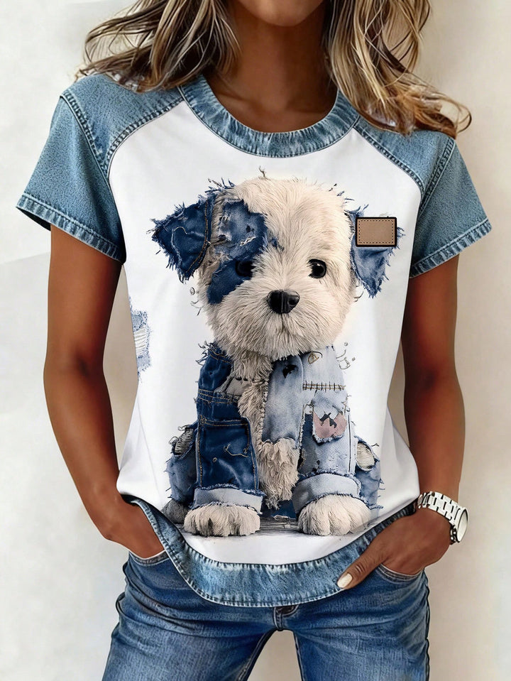 Damen Kurzarmshirt mit Jeans-Einsätzen und Teddy-Patchprint Echo Archiv