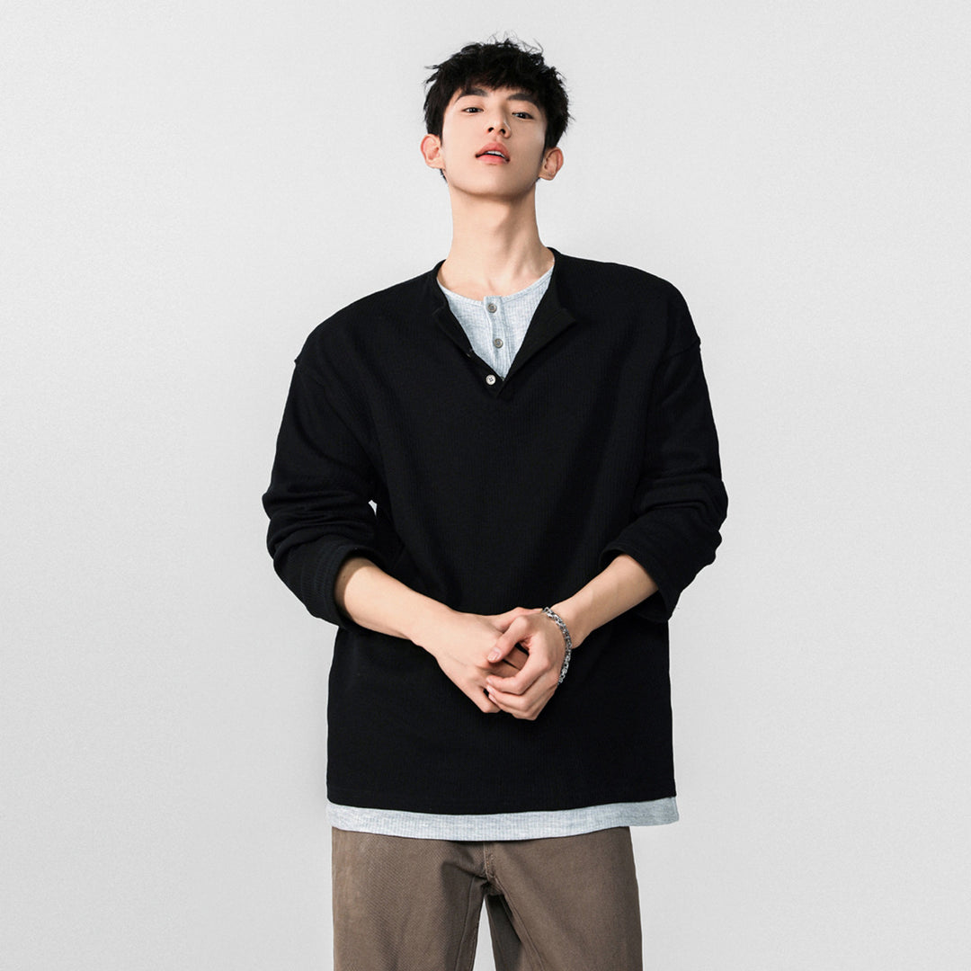 Herren Modisches Oversized-Henley-Shirt mit strukturierter Oberfläche Echoarchiv