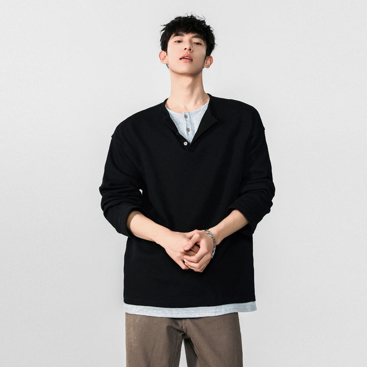 Herren Modisches Oversized-Henley-Shirt mit strukturierter Oberfläche Echoarchiv