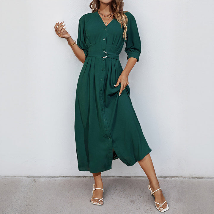 Damen Midikleid mit durchgehender Knopfleiste, V-Ausschnitt und D-Ring-Taillengürtel Echoarchiv