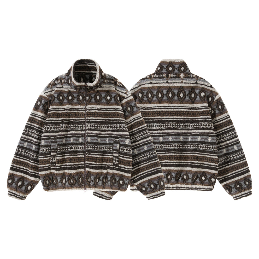 Unisex Kurzblouson aus Teddyfleece mit Ethno‑Muster und Stehkragen Echoarchiv