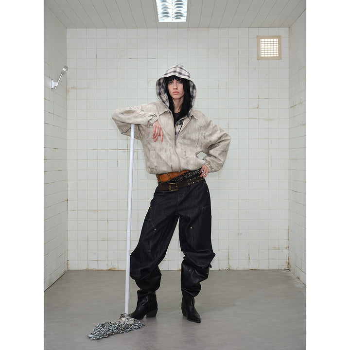 Unisex Kurz geschnittene Boxy‑Jacke aus Wildlederoptik mit kariert gefütterter Kapuze Echoarchiv