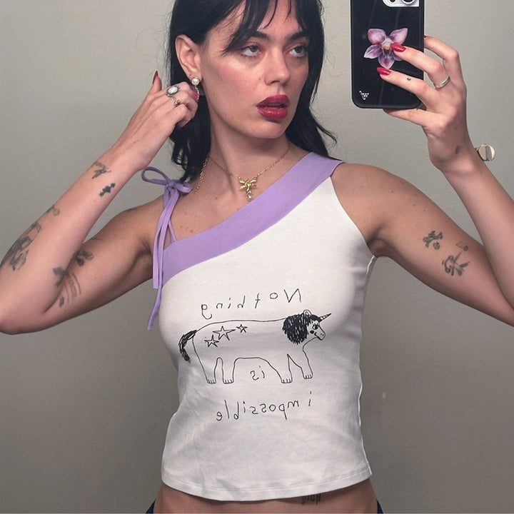 Damen asymmetrisches Top mit Statement-Print Echo Archiv