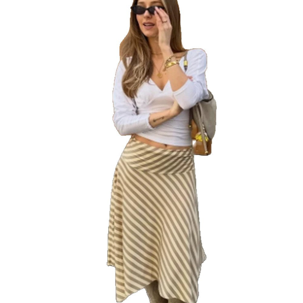 Damen Gestreifter A‑Linien Midirock mit asymmetrischem Saum und fließender Silhouette Echoarchiv