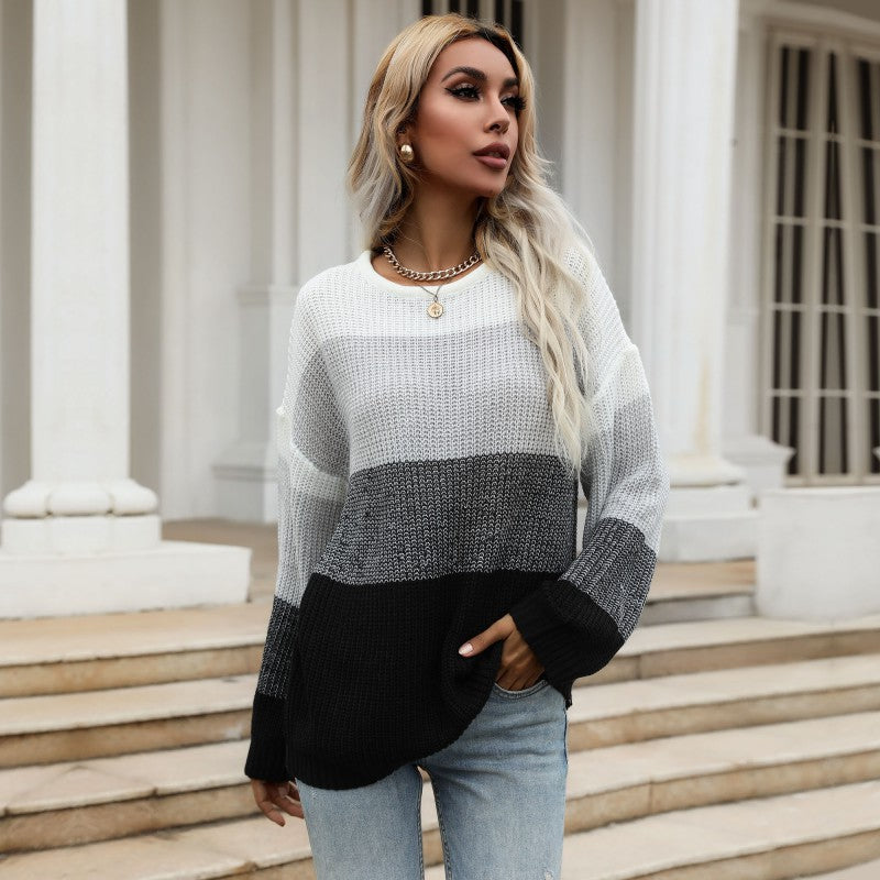 Damen Oversize-Colorblock-Strickpullover mit geradem Saum und Ballonärmeln Echoarchiv