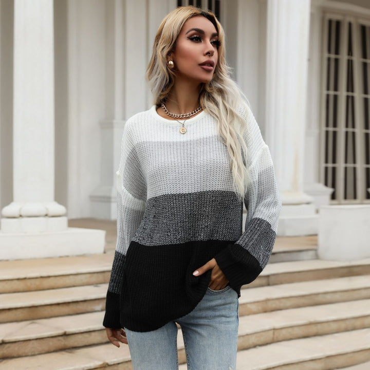Damen Oversize-Colorblock-Strickpullover mit geradem Saum und Ballonärmeln Echoarchiv