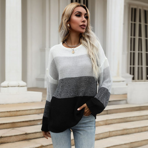 Damen Oversize-Colorblock-Strickpullover mit geradem Saum und Ballonärmeln Echoarchiv