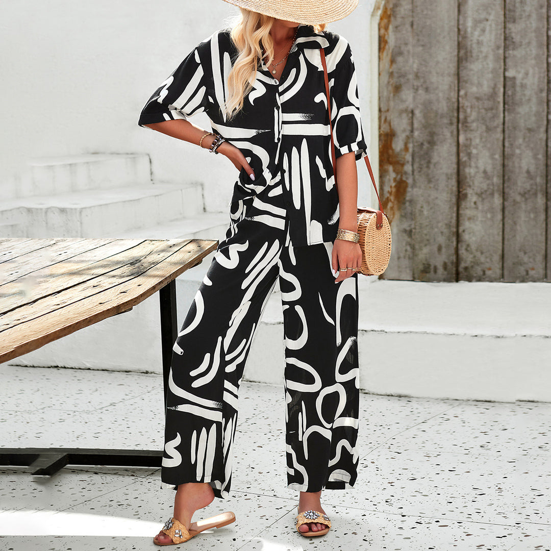 Damen luftiges Zweiteiliges Ensemble mit floralem Muster und weiten Hosen Echo Archiv