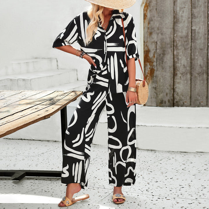 Damen luftiges Zweiteiliges Ensemble mit floralem Muster und weiten Hosen Echo Archiv