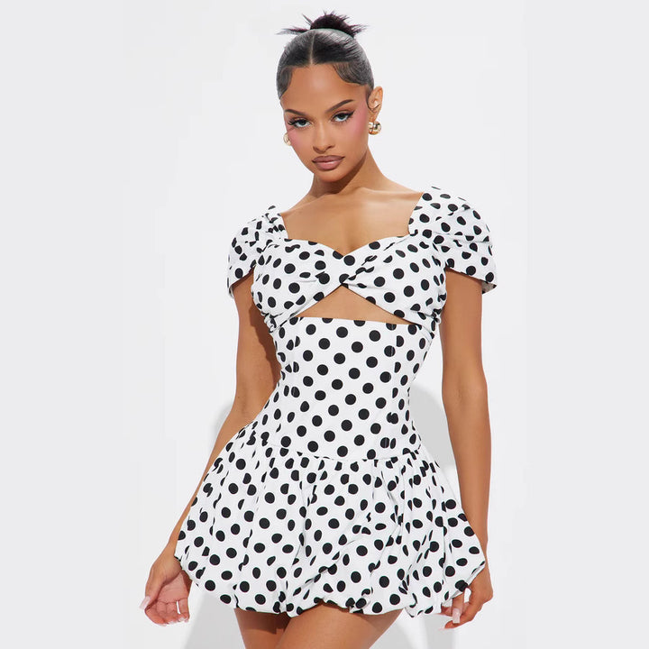 Damen Kurzärmeliges Cocktailkleid mit Puffärmeln und Freizeitausschnitt Echo Archiv