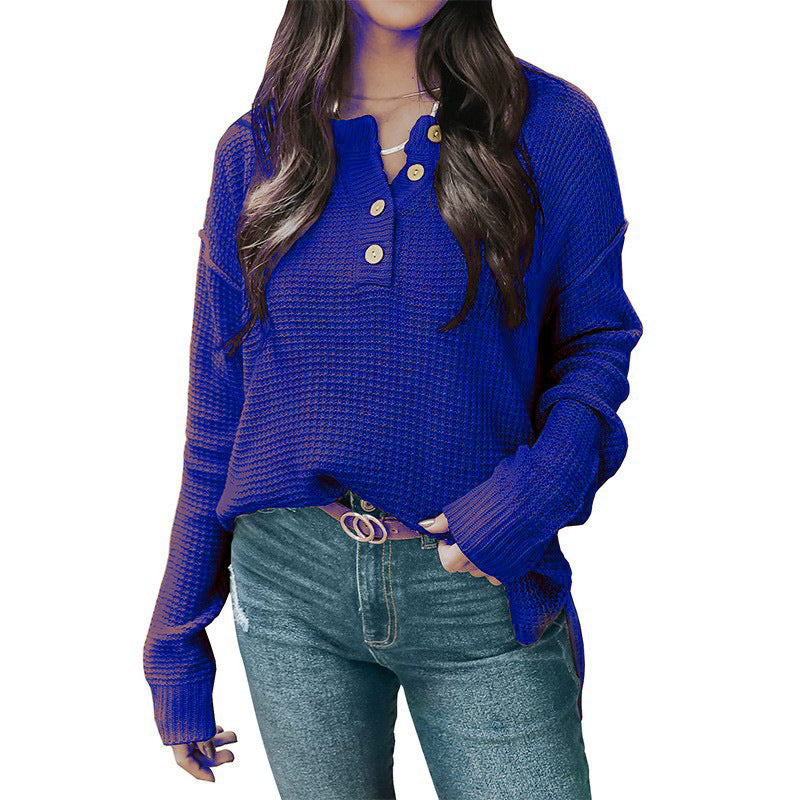 Damen nan lockerer Waffelstruktur Henley Pullover mit Knopfleiste und überschnittener Schulter Echo Archiv