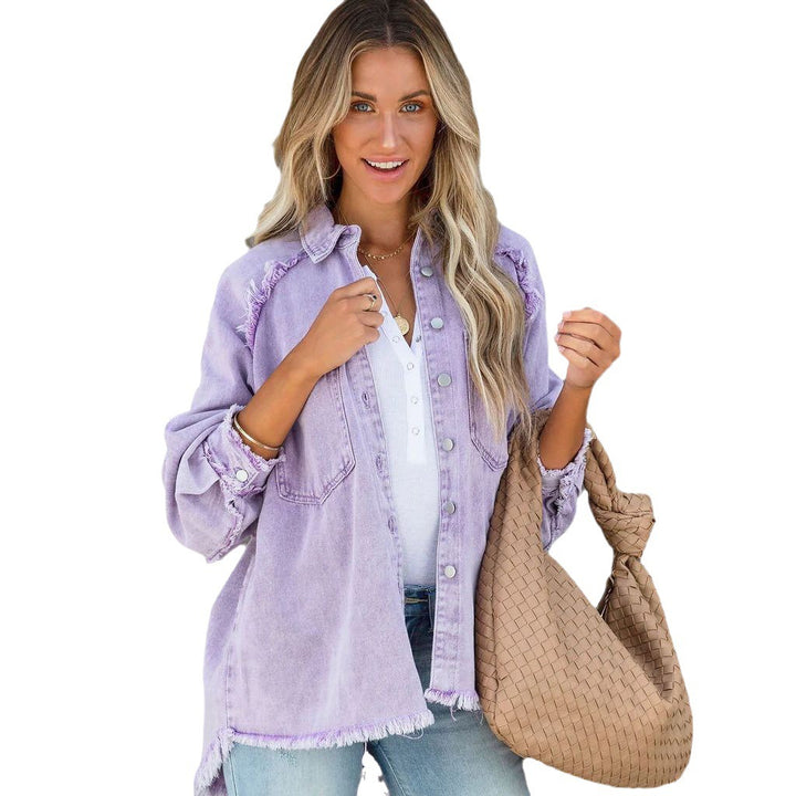 Damen nan oversized Hemdjacke im Used‑Look mit ausgefransten Kanten und aufgesetzten Pattentaschen Echo Archiv