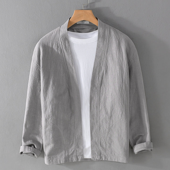 Herren Offene Leinen-Overjacket mit Kimono-Kragen und Relaxed-Fit Echoarchiv