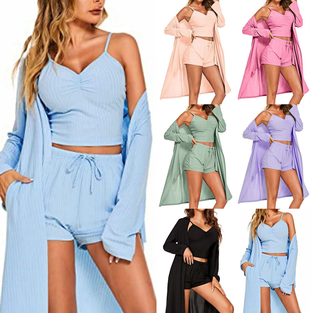 Damen nan dreiteiliges Lounge-Set mit langem Kimono, geripptem Spaghettiträger-Croptop und elastischen Kordel-Shorts Echo Archiv