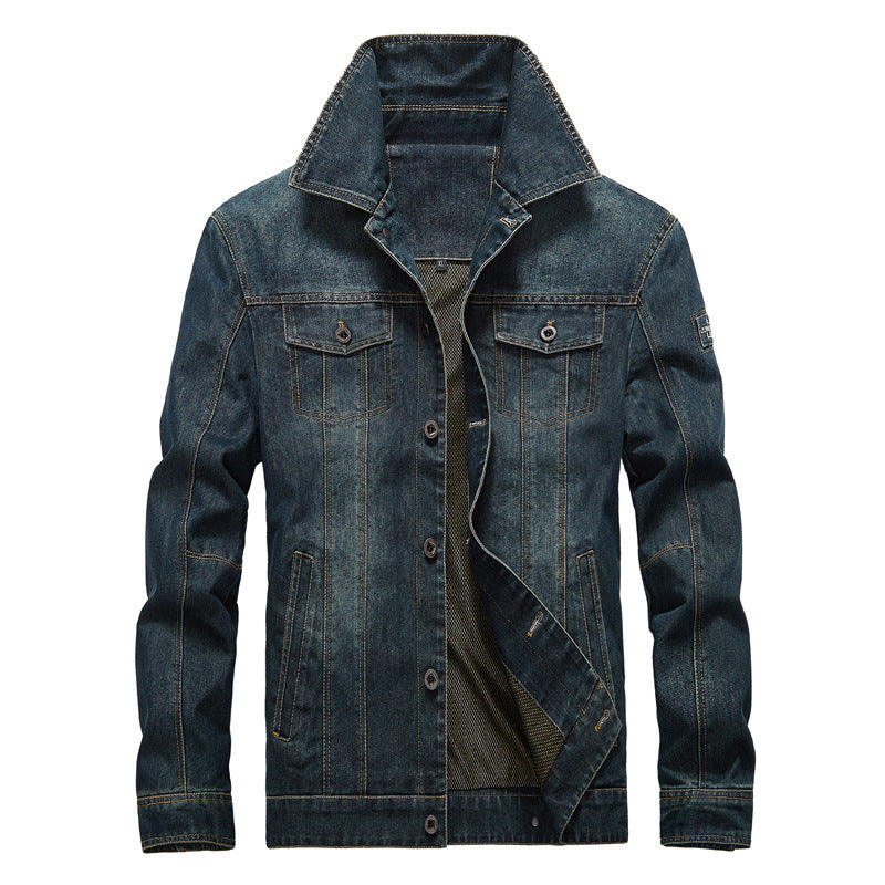 Herren Jeansjacke im Worker‑Look mit Stehkragen, Brustpattentaschen und Ziernähten – Denvaro