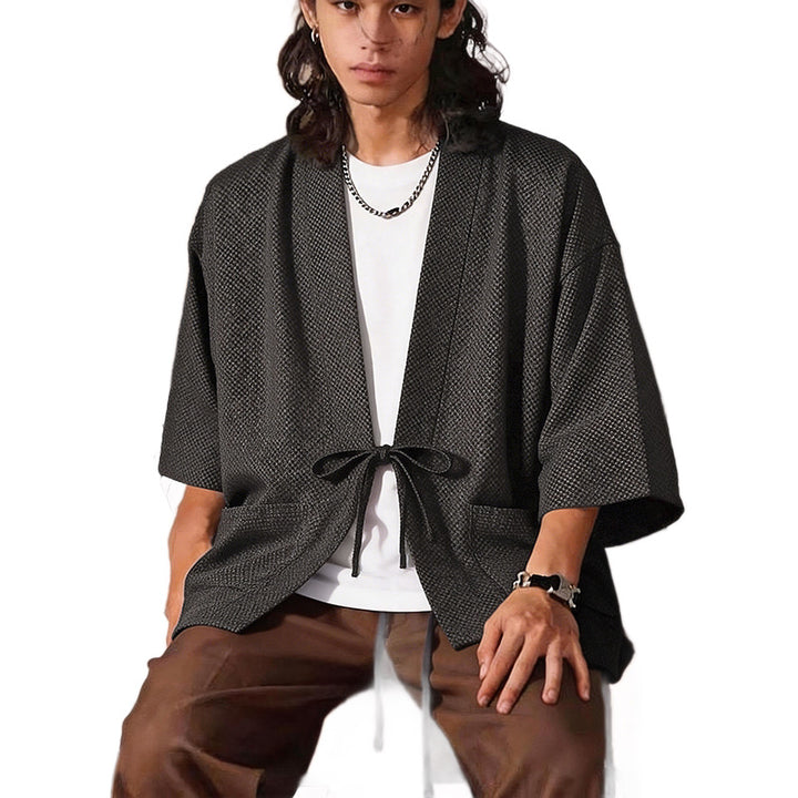 Herren Lockerer Kimono-Cardigan aus strukturierter Baumwollmischung mit kurzem Ärmel und Bindeband Echoarchiv