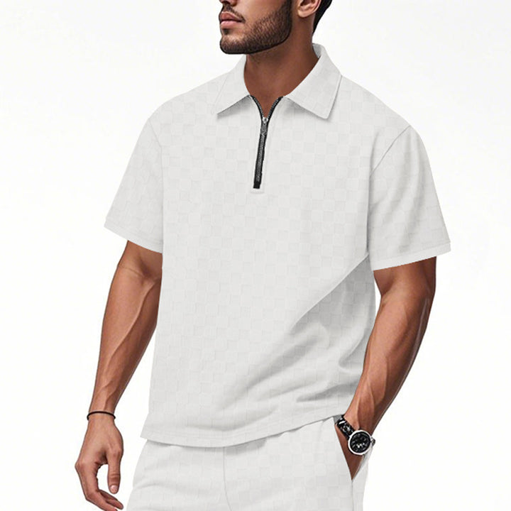 Herren nan kurzes Halbzip-Poloshirt aus strukturierter Waffelpiqué mit Hemdkragen und figurbetonter Passform Echo Archiv