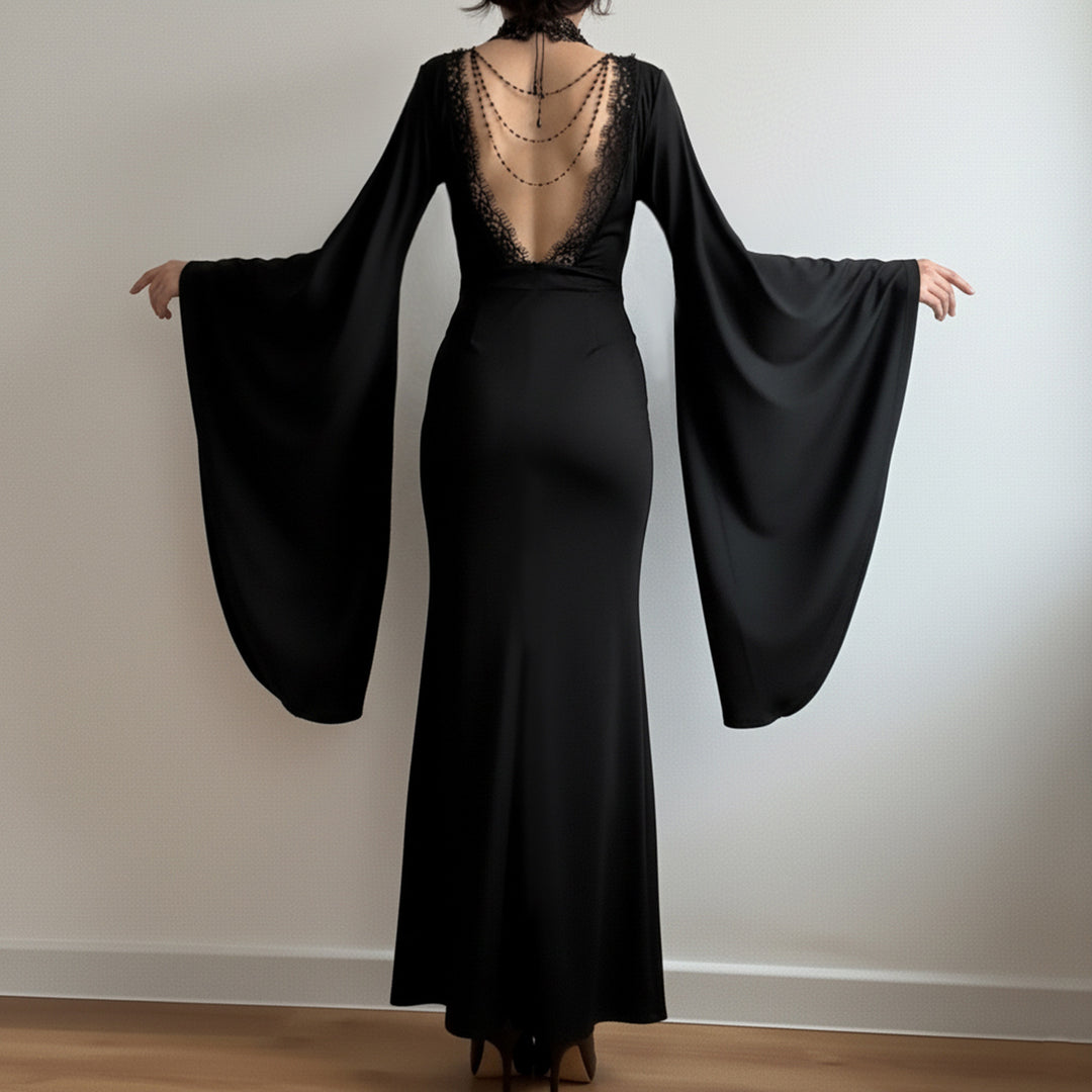 Damen Maxikleid mit tiefem V-Ausschnitt, Spitzenbesatz und dramatischen Wasserfallärmeln Echo Archiv