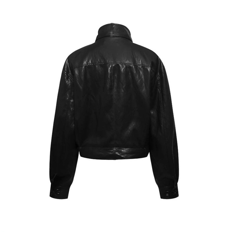 Damen kurze doppeltknöpfte Lederjacke mit Stehkragen und Taillengürtel Echoarchiv