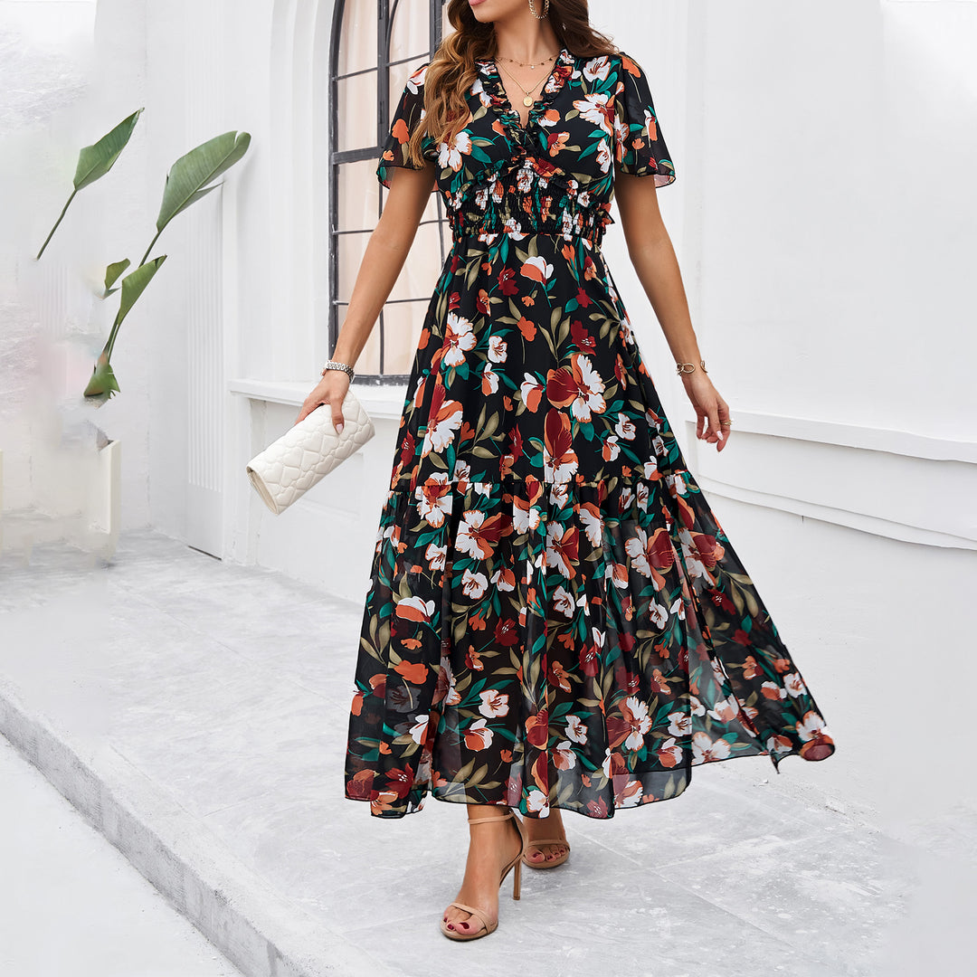 Damen Midi-Kleid mit floraler Raffung und elegantem V-Ausschnitt Echo Archiv