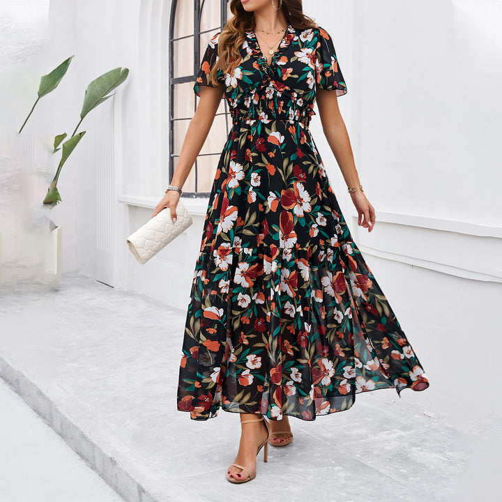 Damen Midi-Kleid mit floraler Raffung und elegantem V-Ausschnitt Echo Archiv
