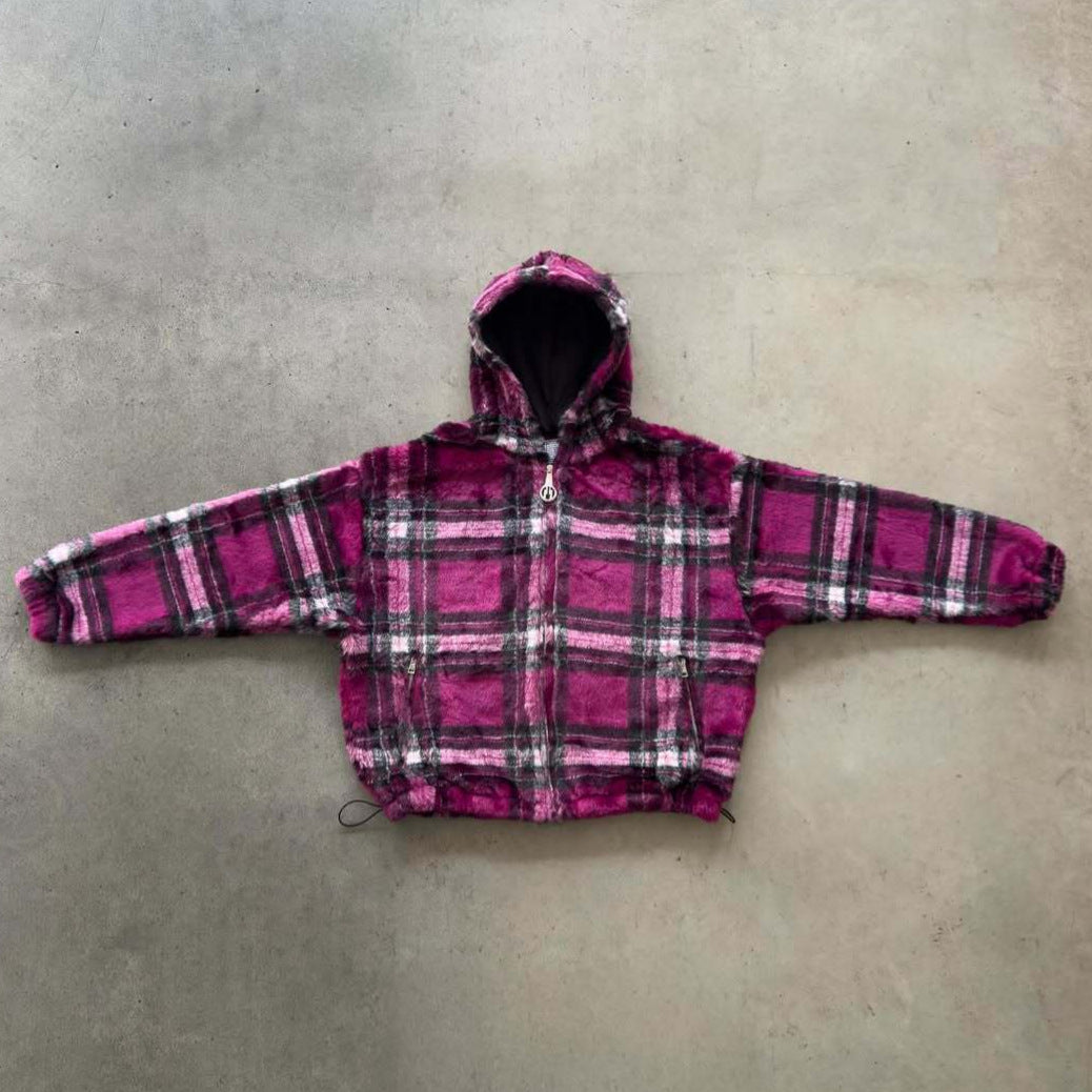 Unisex nan gefütterte Plaid-Fleece-Bomberjacke mit Kapuze Kordelzug und Reißverschlusstaschen Echo Archiv