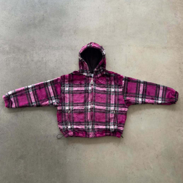 Unisex nan gefütterte Plaid-Fleece-Bomberjacke mit Kapuze Kordelzug und Reißverschlusstaschen Echo Archiv