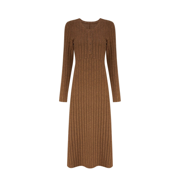Damen Geripptes Maxi-Strickkleid mit Taillennaht und Knopfleiste Echoarchiv