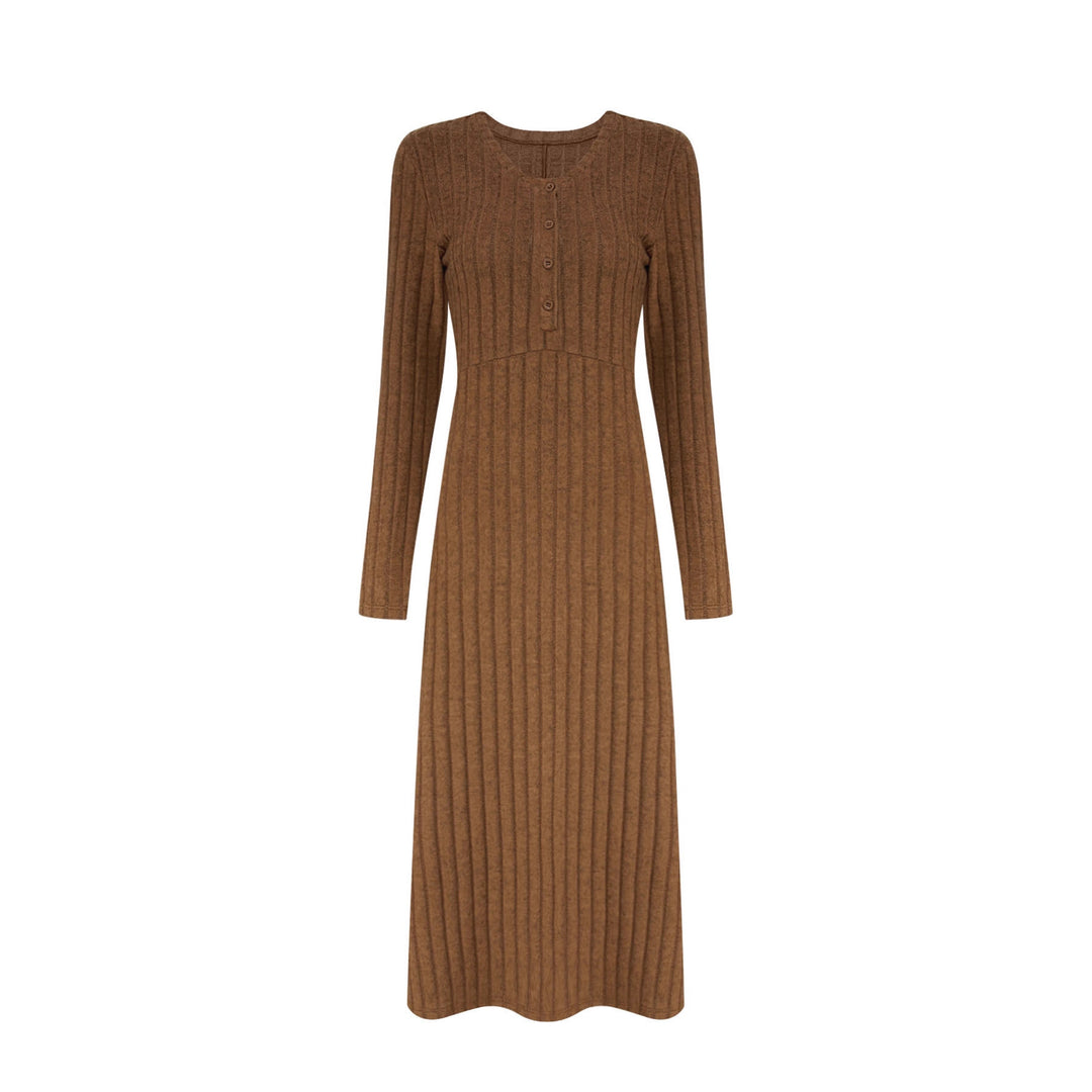 Damen Geripptes Tailliertes Maxikleid mit Knopfpatent und Rundhalsausschnitt Echoarchiv