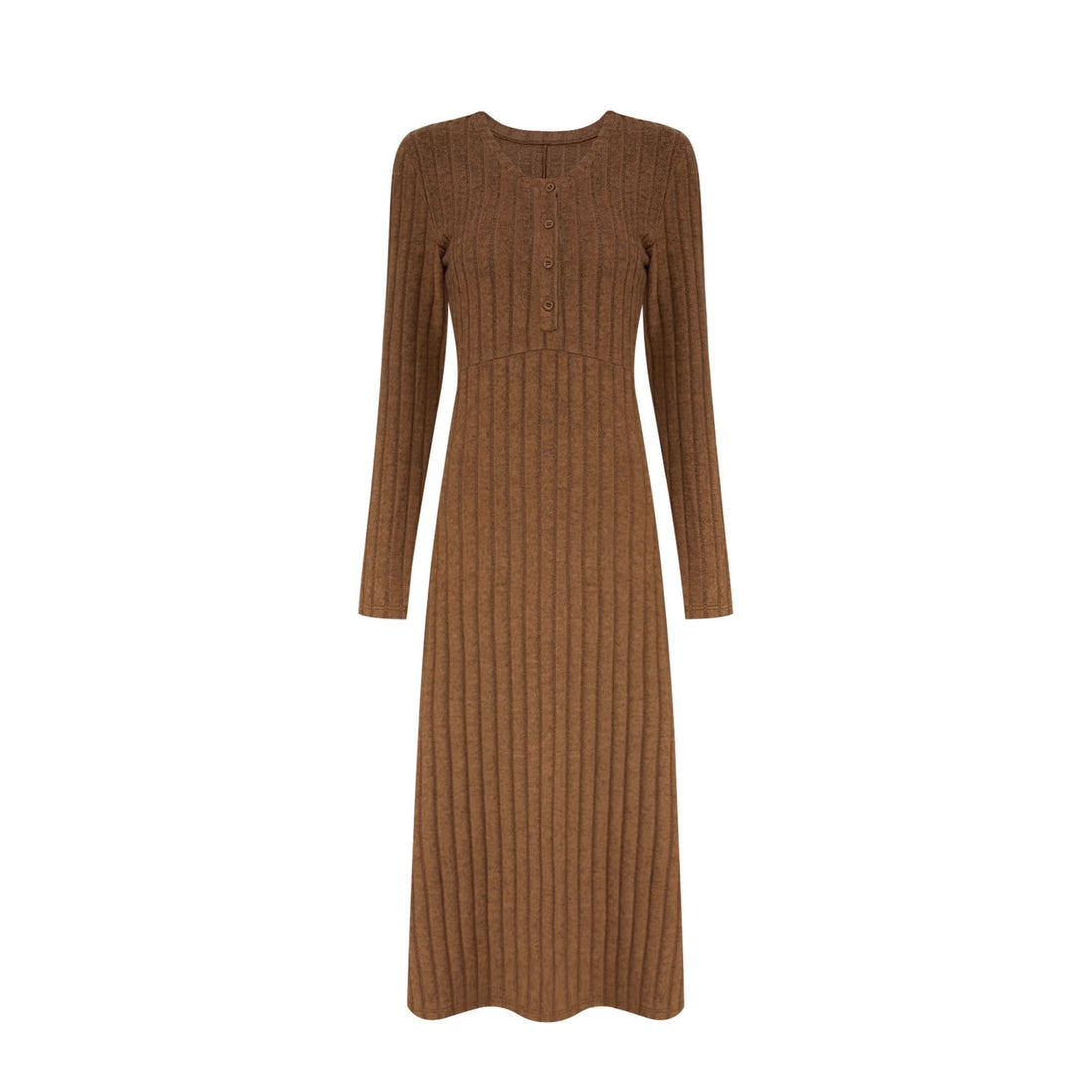 Damen Geripptes Tailliertes Maxikleid mit Knopfpatent und Rundhalsausschnitt – Valéora