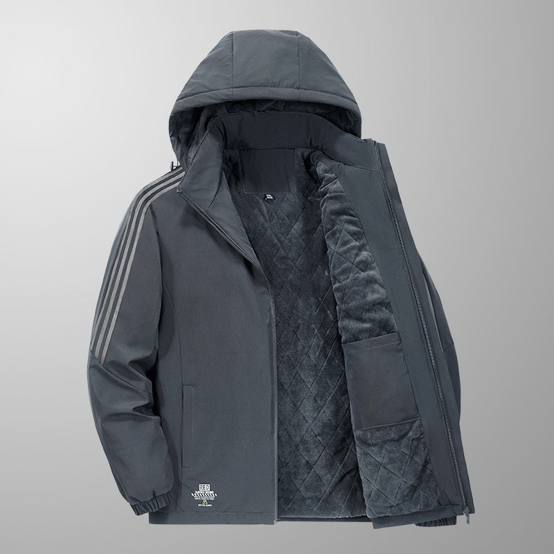 Herren Wattierte Kapuzen-Übergangsjacke mit gesteppter Teddy-Innenfütterung und markanten Ärmellängsstreifen Echoarchiv
