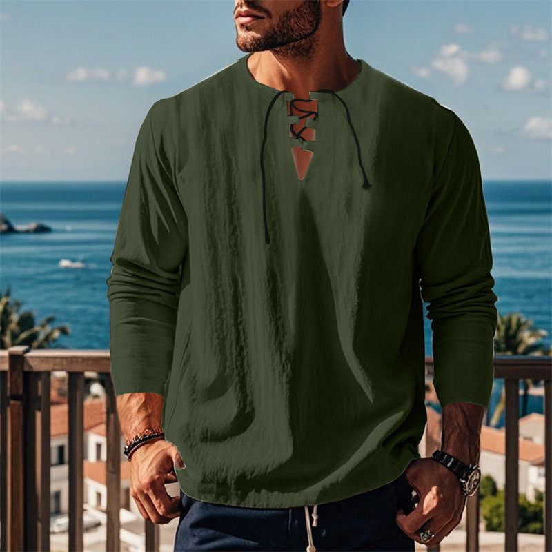 Herren modisches Langarmshirt mit Schnürung und V-Ausschnitt Echoarchiv