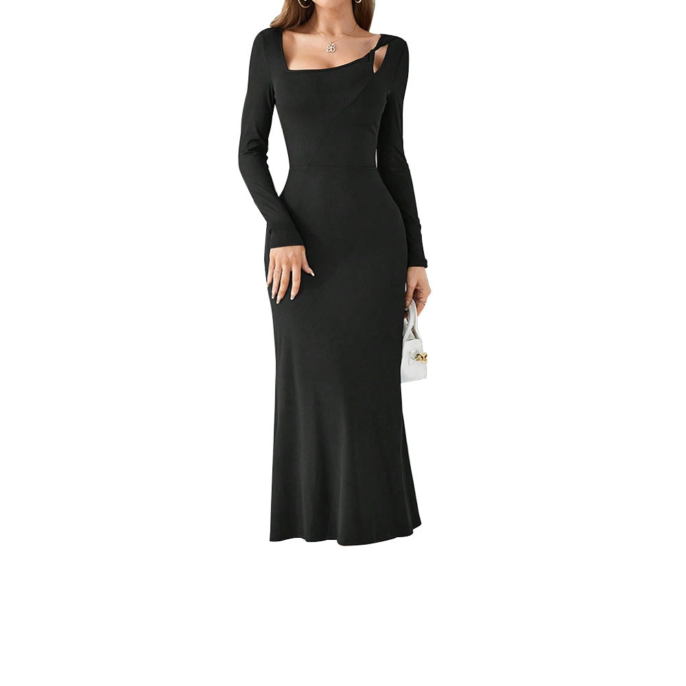Damen figurbetontes Maxikleid mit asymmetrischem Ausschnitt und langen Ärmeln – Valéora