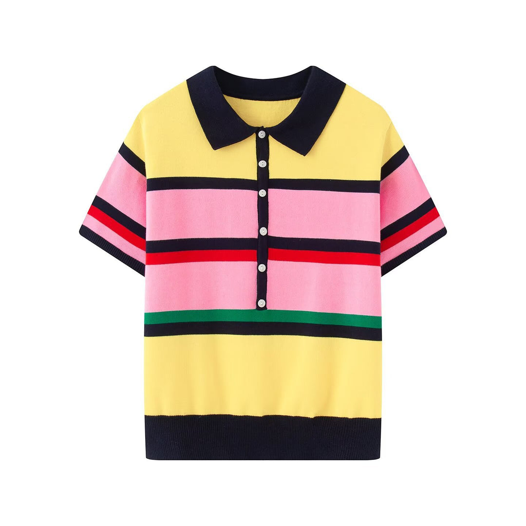 Damen Kurzärmeliges gestreiftes Feinstrick-Poloshirt mit durchgehender Knopfleiste Echo Archiv